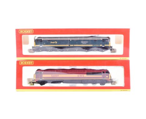 Two vintage Hornby OO gauge model railway trainset locomotive engines comprising No. R2352 First Great Western Co-Co Diesel E