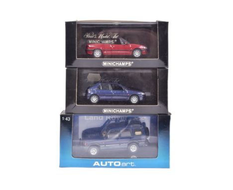 A collection of x3 model diecast cars, comprising of Minichamps No. 430 112830 'Peugeot 306 Cabriolet 1998' in red metallic, 