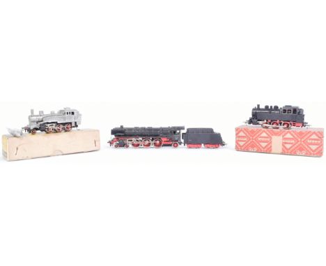 Three vintage Marklin OO gauge model railway trainset steam locomotive engines, comprising of: a Marklin HAMO steam loco, box