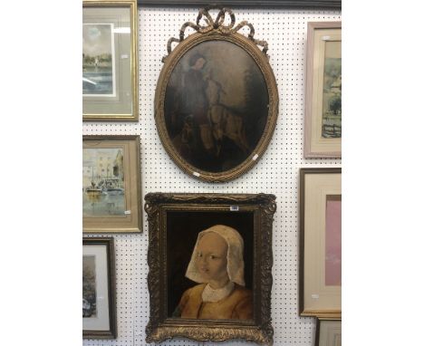 A gilt framed oil on board portrait Girl with pearl earring and a gilt framed oleograph 