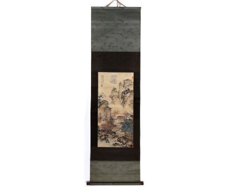 号墨井道人，《湖天秋色图》 Dimensions: Height 71 cm Width 34 cm Hanging scroll with black and color painting of a rocky landscape with run