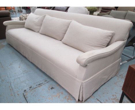 SOFA, of large proportions with beige upholstery, 281cm L x 88cm H x 104cm D. (with faults)