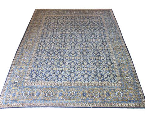 ANTIQUE TABRIZ CARPET, 347cm x 267cm, allover Mina Khani design on a midnight blue field within an old gold repeat palmette b