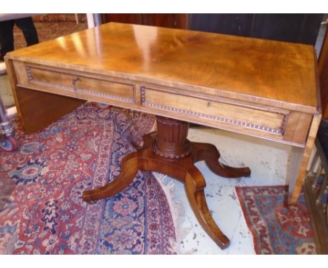 SOFA TABLE, George IV mahogany with drop flaps and two short drawers to each side on a turned column with a raised platform b