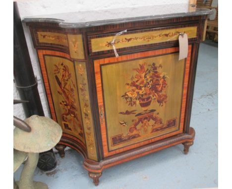 COMMODE, in marquetry with black marble top, shaped, 110cm W x 47cm D x 100cm H. 