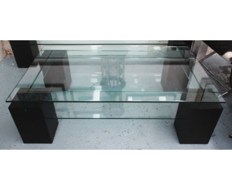 ROCHE BOBOIS COFFEE TABLE, with glass top and shelf on wooden legs, 38cm H x 80cm W x 130cm L. 