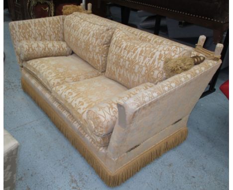 SOFA, Knowle style in gold patterned fabric with bullion fringe, 197cm W x 102cm D x 97cm H. (with faults)