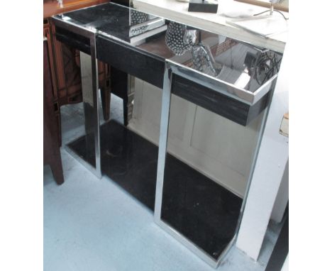 CONSOLE TABLE, in stainless steel with smoke glass top, and drawer and shelf below, 150cm x 40cm x 74cm H. 