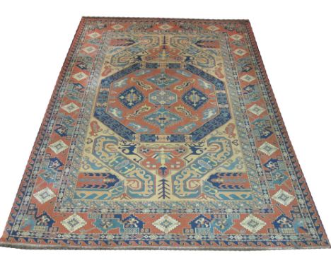 TURKOMAN SOUMAK CARPET, 298cm x 247cm, terracotta octagonal medallion on an ivory field of stylised motifs within multiple co