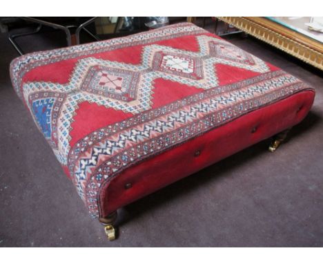 HEARTH STOOL, with red leather and carpet covered upholstery, 95cm x 73cm.