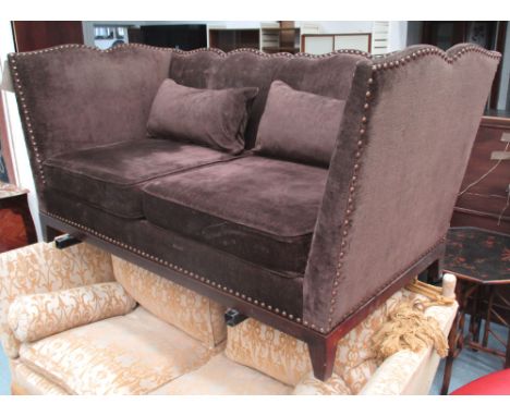 SOFA, in brown chenille with shaped back and sides with studded detail, 93cm D x 178cm W x 90cm H. 