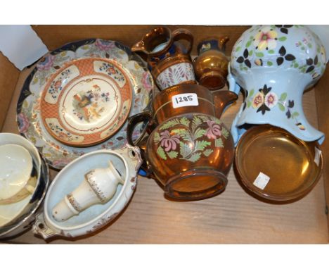  A Victorian copper lustre jug; similar bowl, goblet and jugs (3), various sizes; a Victorian powder blue jug, boldly painted