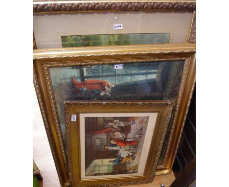 Pictures and Prints  Gilt framed print of scholars in grand reception room, travellers at the inn, 19th century hunting scene