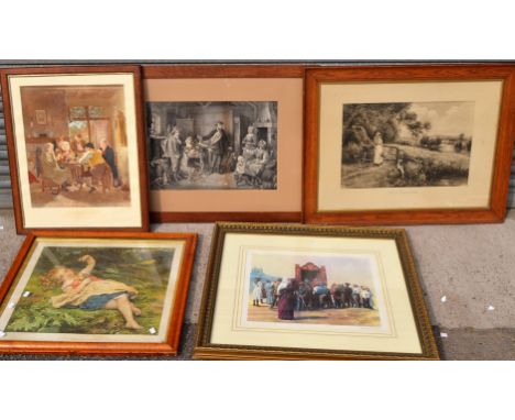 19th Century Prints - 'Ladybird, Ladybird, fly away home!, coloured print, faux burr maple frame; The Rubber, hand-coloured s