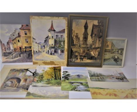 Pictures and Prints - watercolours including Venice, Continental towns, English scenes, etc, some framed   **All lots in this