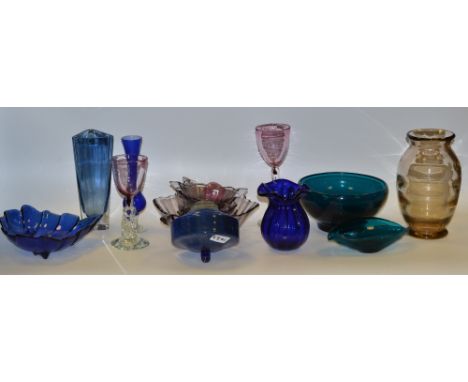  Coloured Glassware - a blue glass  bowl;  a purple flashed part fruit set;  blue glass oil lamp reservoir;  tapering triangu