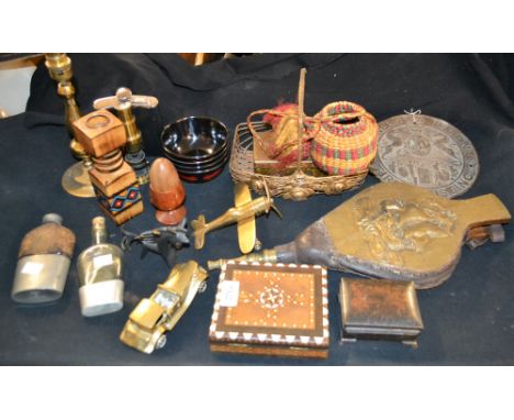 Boxes and Objects - marquetry inlaid boxes; fire mark; hip flask; bellows; toasting fork; etc  **All lots in this sale are su