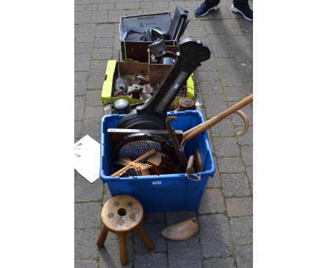 A wooden milking stool; other treen, two windmill models; walking sticks; chess board; small wall shelf; qty  **All lots in t