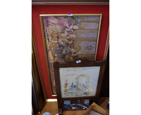 Pictures and prints - a woolwork picture of a grand reception, woolwork firescreen, etc. 