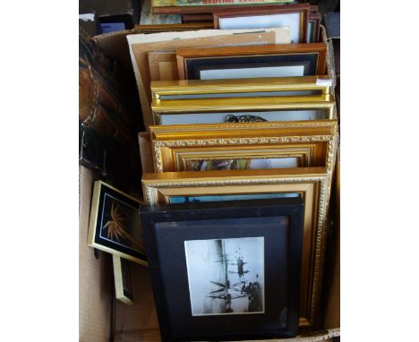 Pictures and prints- copper plaque of a knight, landscapes, sailing boats etc.