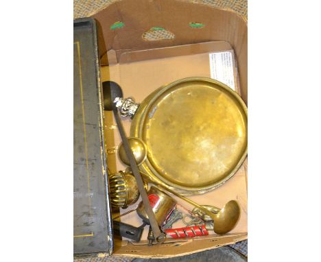 Metal Ware - a brass gong;  a brass ladle;  a Persian bell;  tray's etc **All lots in this sale are subject to a maximum of £