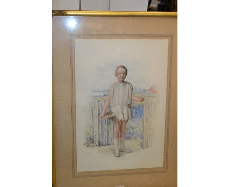 An early 20th century photographic portrait of a young girl, by Frank Brown, signed, she stands picked-out in watercolour hol