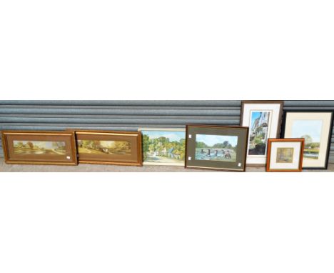Pictures and Prints - a pair of panoramas, English Villages, early 20th Century chromolithographs, gilt frames; other landsca