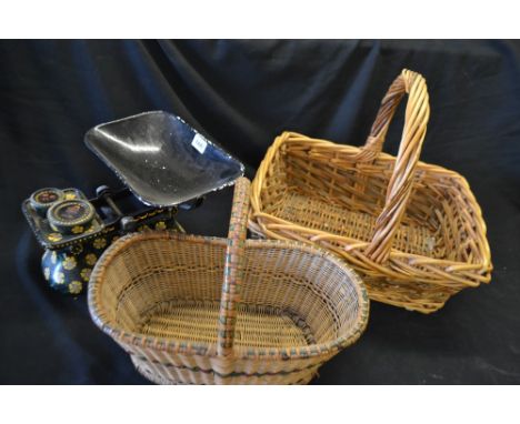 A set of cold painted kitchen scales, over painted with country flowers, weights en suite 2oz- 1lb (4); a wicker basket; anot