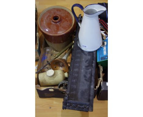 Homewares- enamel painted jug, stone ware pot. Metal fire guard. Stoneware hot water bottles. Other stoneware, glass and meta