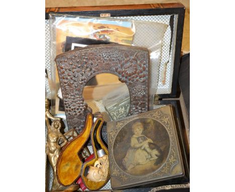 A Victorian mahogany workbox; a Japanese style dressing table mirror, cast with profuse blossom; a portrait miniature; a bras