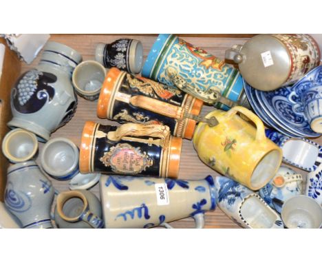  Continental Pottery - various German beer steins (4); German salt glaze stoneware cups and saucers, etc; Delft clogs, flasks