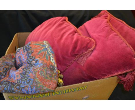 Textiles - tasseled claret ground cushions (3); a pair of mauve velvet-type curtains; etc    **All lots in this sale are subj