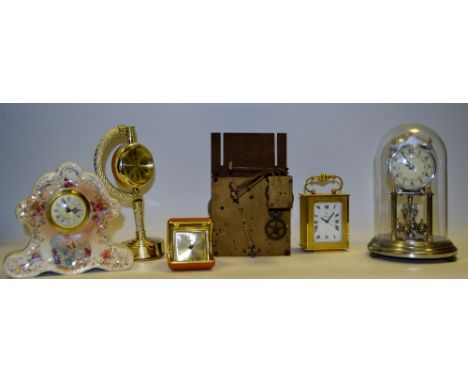 Clocks - a Kundu anniversary clock, under dome;  Staffordshire mantel clock;  Walker and Hall brass carriage clock;  clock mo
