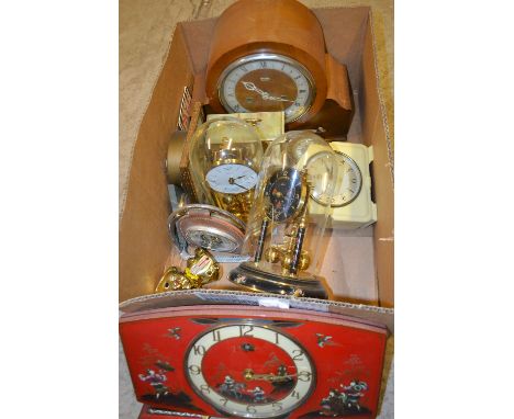 Clocks and barometers - an oak mantel clock; an anniversary clock with glass dome; a Chinese laquer type mantel clock; other 