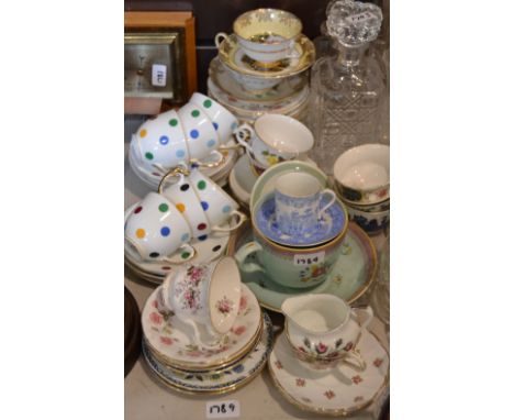 Aynsley Polka Dot teacups and saucers; A.E.Gray & Co. fruit bowls; Adams Caylix ware oversize teacup and saucer; other teawar