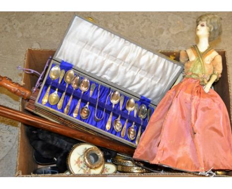 Glassware - a candle lamp with storm shade; an Art Deco dressing table tray; a pressed glass dressing table set; a blue flash