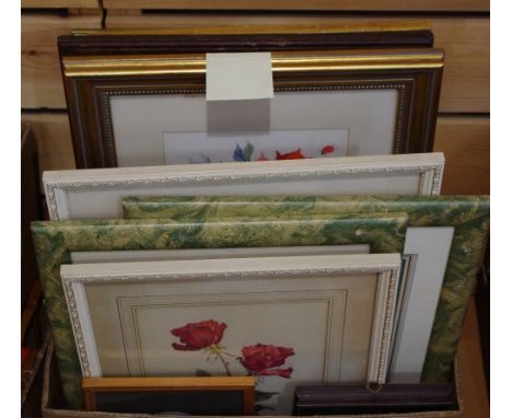 Pictures and prints- various flowers in guilt and wooden frames, quantity. 