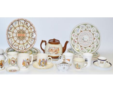 Commemorative and Calendar plates - Queen Elizabeth II teacups, saucers, mugs;  Wedgwood Calendar plates, various years**All 
