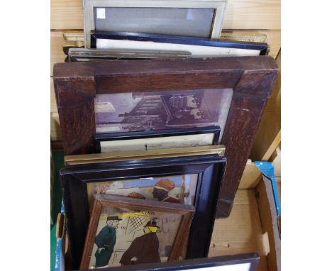 Pictures and prints- religious images, street scenes, classical, Phil May coloured mirror rail scene, etc.