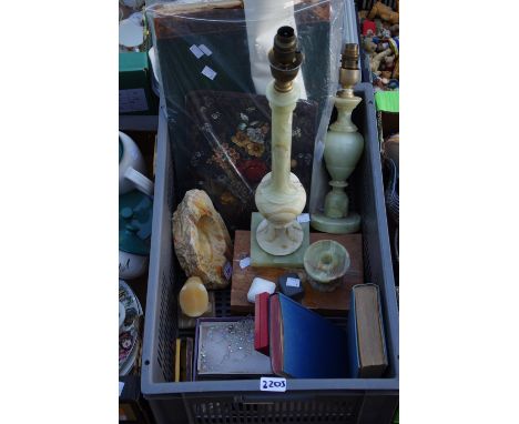 Onyx lamp; books; etc