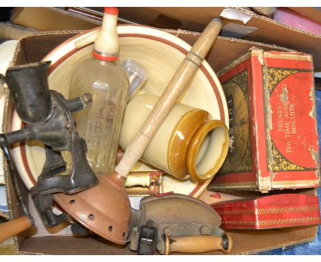 Kitchenalia - advertising; a J Burgess water syphon; a stoneware mixing bowl; manual mincer; a small copper ponch; Freans bis