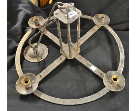 A medieval type four light ceiling mounted candelabrum; an oil lamp; circular mirror; etc  **All lots in this sale are subjec