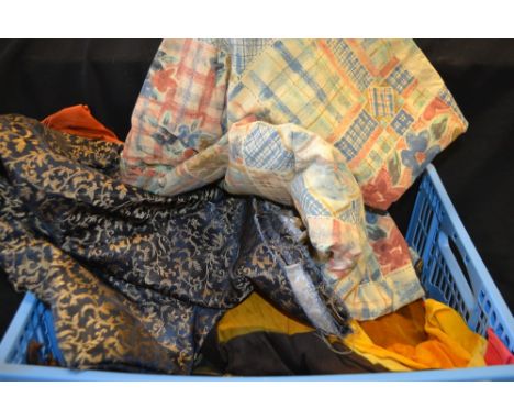 Textiles - a Sanderson curtain, designed by William Morris; a pair of retro curtains; others similar, singular; loose satins,