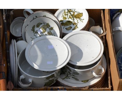 A Midwinter Greenleaves Stonehenge dinner service including vegetable tureens; dinner plates; soup and fruitbowls; jugs and c