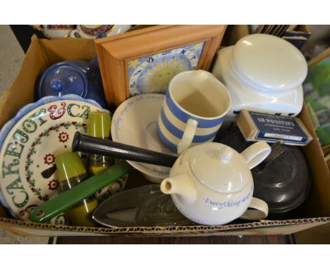 Kitchenalia - an enamel saucepan; a TG Green Cornish Ware milk jug; a modern biscuit barrel; a modern tea for one; another re