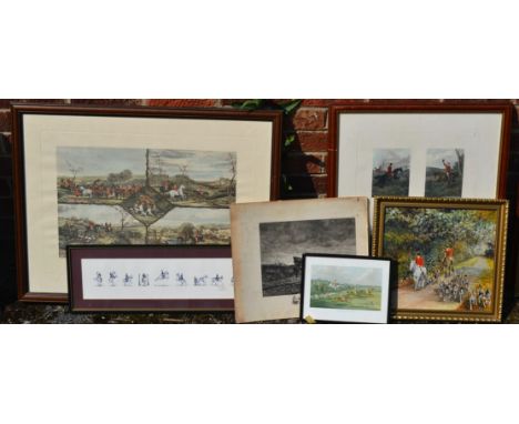 W JonesThe Fox Huntsigned, dated 1973, oil on board, 32cm 34.5cm, gilt frame; coloured fox hunting etchings, varying, (2); et