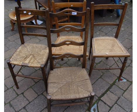 Four various early 20th century chairs. Ladder backed, rush seated.