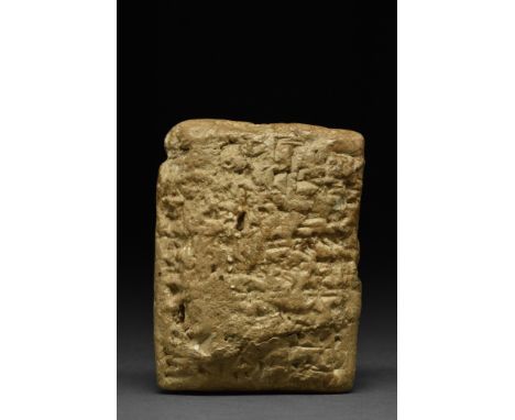 Ca. 1900 BC.A rectangular-section ceramic tablet with rounded edges and corners, bearing cuneiform script to both faces in pa