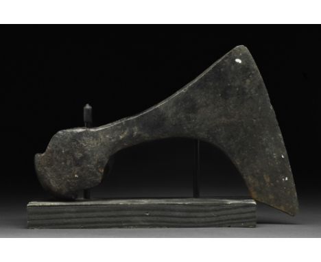 Ca. 900-1100 AD.An iron bearded axe head with an elongated, curved blade and tapering cheek. The bearded axe, or Skeggøx (fro