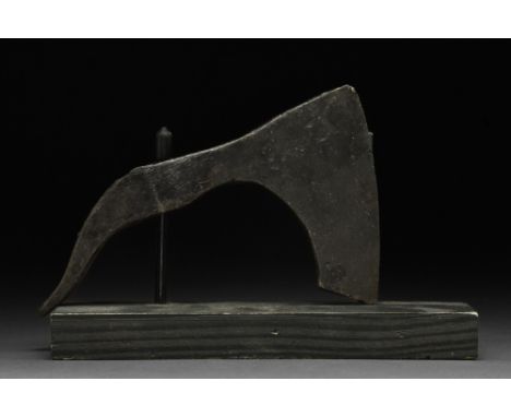Ca. 900-1100 AD.An iron bearded axe head with an elongated, curved blade and tapering cheek. The bearded axe, or Skeggøx (fro